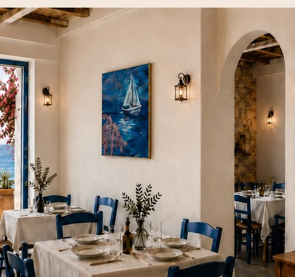 Seaside restaurant mockup with original artwork
